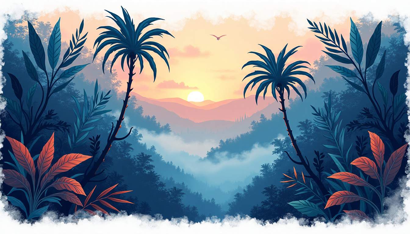 An ethereal jungle scene at dusk