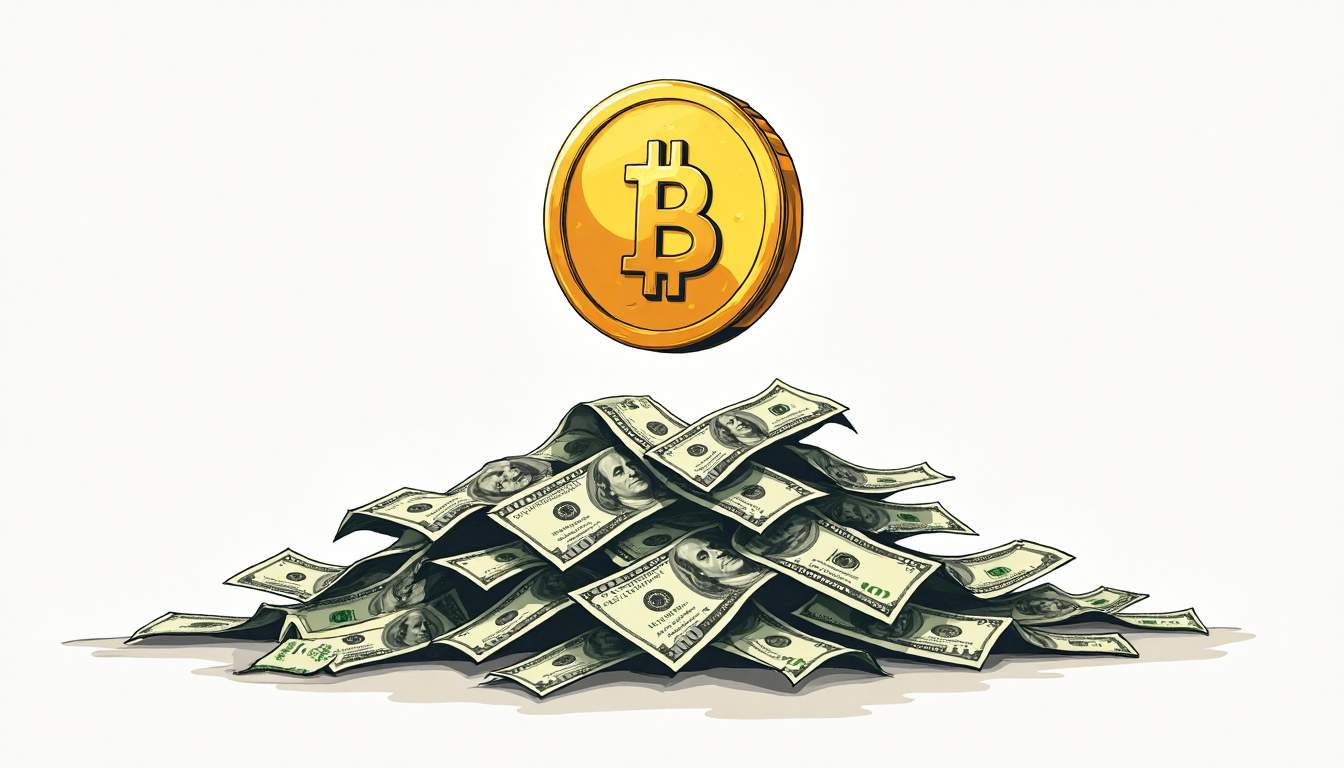 An abstract representation of bitcoin as a towering golden coin overshadowing a pile of crumbling dollar bills