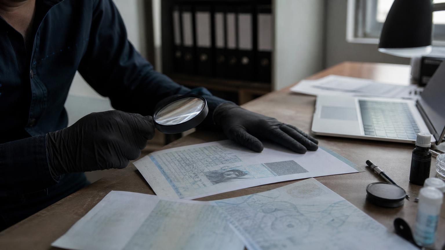 Person wearing black gloves uses a magnifying glass to examine a printed document on a desk, with a laptop and maps nearby.