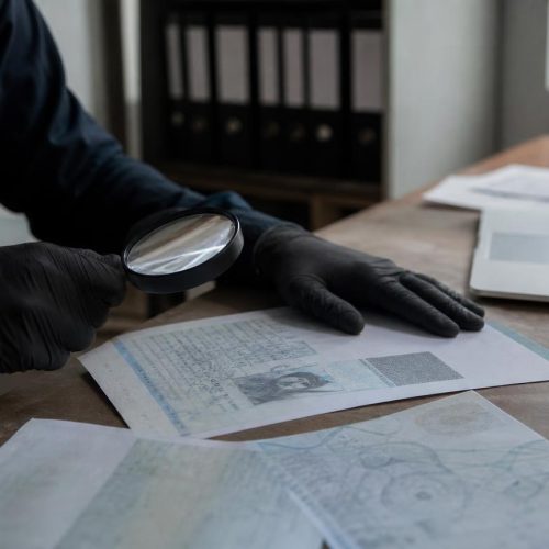 Person wearing black gloves uses a magnifying glass to examine a printed document on a desk, with a laptop and maps nearby.